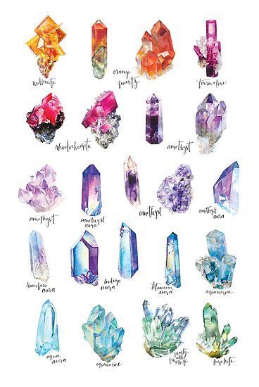 crystals Crystals Art Drawing, Different Types Of Crystals, Crystal Illustration, Crystal Tattoo, Crystal Drawing, Watercolor Food, Crystal Aesthetic, Types Of Crystals, Rock Hounding