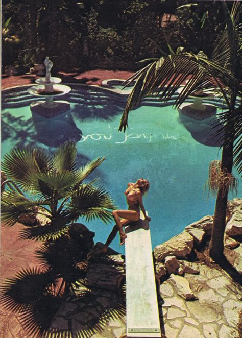 A great photo of Jane Mansfrield's pool by Chris Von Wangenheim for Oui, January 1974. Wedding Dresses Ball Gown With Sleeves, Chris Von Wangenheim, Pink Palace, Celebrity Wedding Dresses, Jayne Mansfield, Going Green, Mariska Hargitay, Celebrity Moms, Celebrity Dads