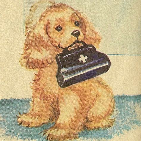 A vintage children's book illustrations, Nancy Plays Nurse published in 1965. Spaniel Art, Puppy Art, Art Mignon, Illustration Vintage, Dog Illustration, Vintage Dog, Retro Illustration, Vintage Children's Books, Childrens Illustrations