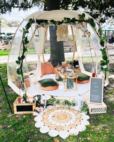 SPRING into picnic season with any of our customized boho bubble tents 🍃 🌷🌺 • • • • • • #savannahga #anniversary #luxurypicnic #savannahglamping #canvascanopy #bohopicnics #bluftonsc #thingstodosavannah #lowcountryglamping #datenight #savannahevents Pop Up Tent Wedding Decor, Pop Up Picnic Business, Bubble Tent Date Night, Bubble Tent Picnic Ideas, Pop Up Tent Picnic, Bubble Tents, Market Tent, Balloon Inspiration, Boho Tent