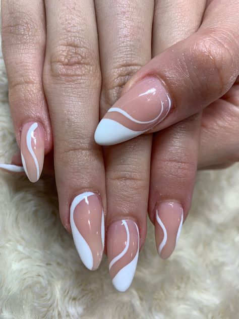 Swirl Nails And French Tip, Squiqqle Line Nails, Swoop Nail Designs, Almond Acrylic Nails Swirl Design, French Tip Twist Nails, Nails With Swirl Designs, Deep Smile Line Nails French Almond, Almond Nails Designs Graduation, Swiggly Lines Nail