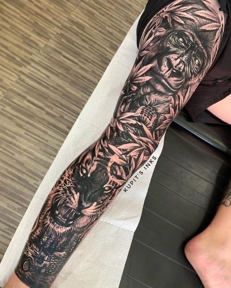 Jungle Tattoos Men, Jungle Tattoo Leg Sleeve, Jungle Sleeve Tattoo For Men, Mens Tattoo Leg Sleeve, Tiger Leg Sleeve Tattoo Men, Jungle Leg Tattoo, Tiger Leg Tattoo Men, Animal Sleeve Tattoo Men, Animal Leg Tattoos