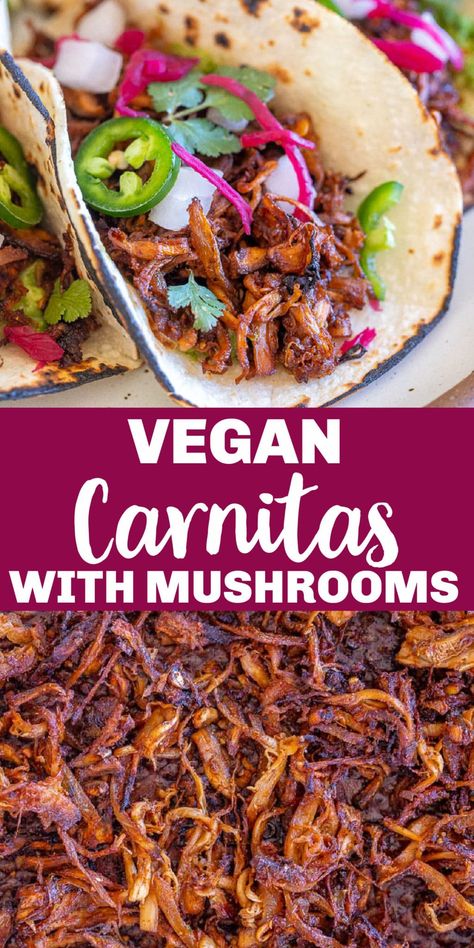 These are the best Vegan Carnitas! They're made with king trumpet mushrooms and have the best texture and flavor! They're easy to make and go so well in tacos, burritos, nachos and more! These vegan carnitas tacos will be a huge hit at your next vegan taco night. Even mushroom haters love these! #vegancarnitas #carnitastacos #vegan #dinner #tacos Vegan Carnitas, Dinner Tacos, Trumpet Mushrooms, Vegan Taco, Carnitas Tacos, Carnitas Recipe, Tacos Burritos, Tasty Vegetarian Recipes, Taco Night