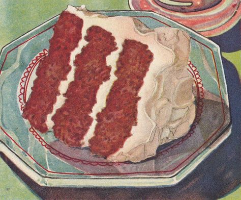 Devils Food Cake | Illustration From: New Cake Secrets, 1931… | Flickr Brownies Recipe Homemade, Red Velvet Cake Recipe, Dessert Illustration, Recipe Drawing, Homemade Recipes Dessert, Cake Illustration, Devils Food Cake, Red Cake, Cake Recipes From Scratch