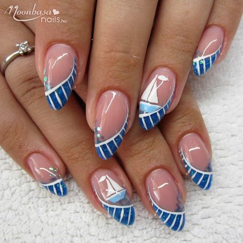 Boat Nails, Nailart Summer, Freestyle Nails, Navy Blue Nails, Summer Boat, Acrylic Nails Coffin Short, Nails Desing, Beach Nails, Acrylic Nails Coffin