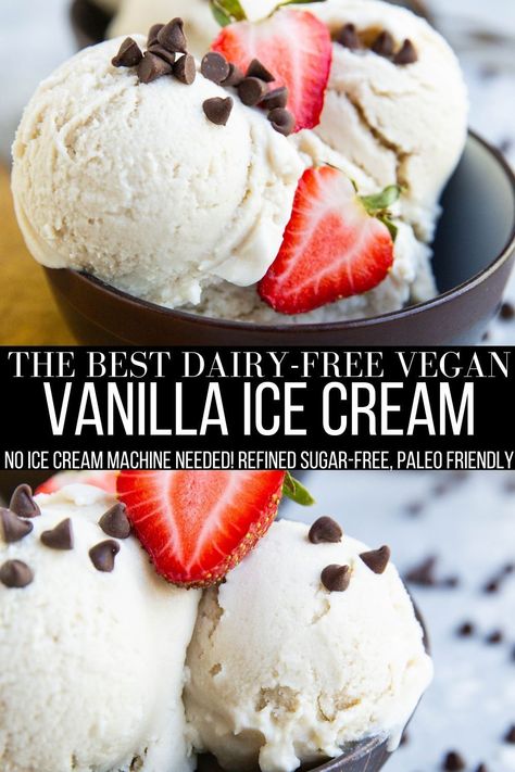 Dairy-Free Vanilla Ice Cream made with just 3 ingredients! No ice cream machine needed. Dairy-free, vegan, egg-free, refined sugar-free, and paleo! #icecream #vegan #dessert #healthy #paleo Non Dairy Vanilla Ice Cream Recipe, Lactose Free Homemade Ice Cream, Dairy Free Ice Cream Maker Recipes, Ice Cream Maker Recipes Vanilla, Vegan Vanilla Ice Cream Recipe, Dairy Free Vanilla Ice Cream, Vegan Vanilla Ice Cream, Lactose Free Ice Cream, Non Dairy Ice Cream