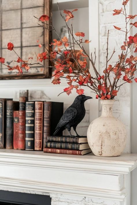 Halloween Fall Mantle Ideas, Halloween Decor Bookshelf, New England Halloween Decor, Witch Mantle Decor, Witchy Mantle Decor, Halloween Book Decor, Halloween Hutch Decor, Halloween Interior Design, Upscale Halloween Decor