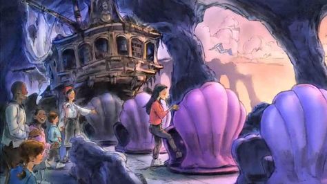 Vehicle load area in the new Journey of the Little Mermaid attraction at Disney's California Adventure Disney Ride Concept Art, Color Theory Projects, Mermaid Dark, Disney Ride, Park Concept, Disney Parque, Walt Disney Imagineering, Disney World Rides, Disney Imagineering