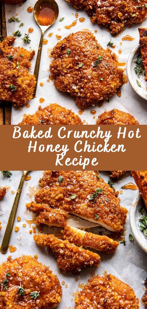 Baked Crunchy Hot Honey Chicken Recipe | Cheff Recipes Spicy Crunchy Chicken, Half Baked Harvest Crunchy Hot Honey Chicken, Crunchy Honey Chicken, Hot Honey Chicken Plate Crowded Kitchen, Easy Staple Meals, Dinner Ideas For Inlaws, Baked Crunchy Honey Buffalo Chicken, Onion Crunch Chicken Hello Fresh, Spicy Main Dishes