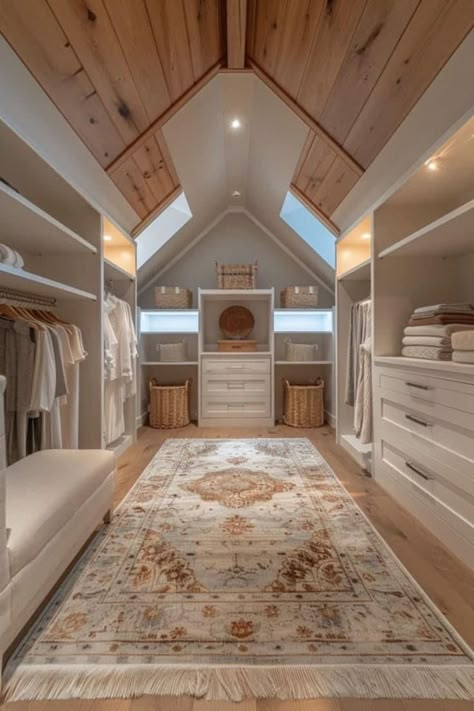 Vaulted Ceiling Dressing Room, Rustic Walking Closet, Walk In Closet With Sitting Area, Vaulted Attic Bedroom, Walk In Attic Closet, Rustic Walk In Closet Ideas, Master Bedrooms Vaulted Ceiling, Vaulted Ceiling Closet, Walk In Closet Ideas Master Luxury