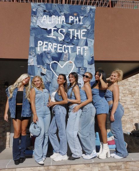 Denim Day Spirit Week, Jeans Bid Day Theme, Dreaming Bid Day Theme, Sorority Booth Ideas, Jeans Sorority Theme, Sorority Prep Week Themes, Jean Sorority Theme, Good Jeans Big Little Reveal, Trendy Bid Day Themes