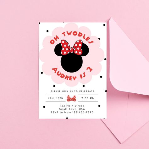 "Wow your guests with this custom Minnie Mouse birthday party invitation!  This product is an instant download template that you can edit yourself using Canva (it's free!) You will receive immediate access to the link to begin editing as soon as you purchase. You will be able to change the colors, fonts, names, size etc, to match your party. You can print at home, at any local print shops or at any online print vendors.  Have questions or need help customizing? Email us info@apartythatpops.com WHAT'S INCLUDED? ★ Digital 5x7\" Invitation Template in Canva ★ NO physical items will be shipped NOR printed HOW IT WORKS ★ Download your PDF file from Etsy or from the link sent to your email.  ★ You'll receive a link to open and edit your custom invitation template. ★ Edit your file to match your Oh Twodles, Kids Party Decor, Birthday Second, Minnie Mouse Party Decorations, Minnie Mouse Theme Party, Toy Story Invitations, Twodles Birthday, Minnie Mouse Birthday Invitations, Minnie Mouse Invitations