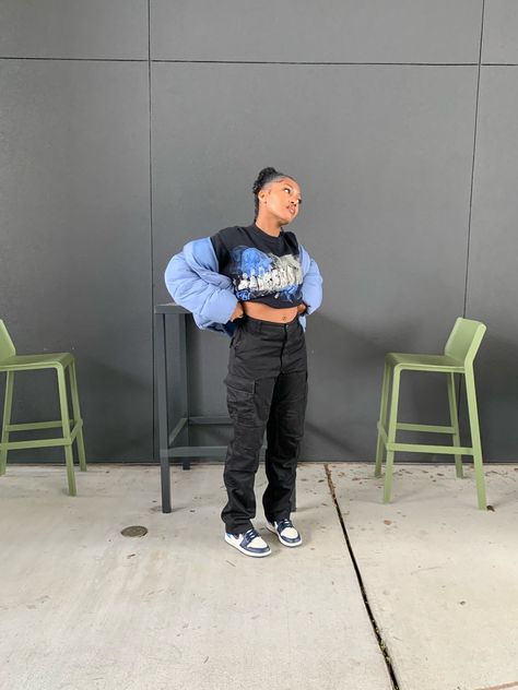 Obsidian 1s Outfit, Black Cargos, Outfit Inspo Streetwear, Outfit Jordan, Jordan 1 Blue, Blue Puffer, Vintage Crewneck, Air Jordan 1, Jordan 1