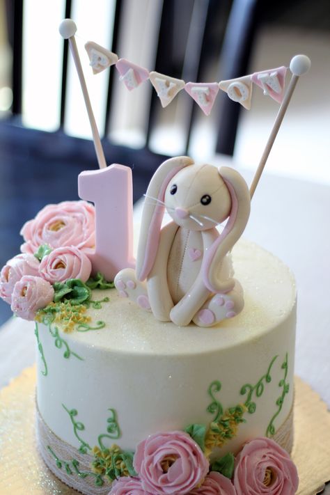 Bunny Birthday Cake  Some Bunny is One First Birthday Rabbit Birthday Cake, Bunny Birthday Theme, Bunny Birthday Cake, Birthday Cake Designs, Easter Birthday Party, Some Bunny Is One, Bunny Birthday Party, Rabbit Birthday, Baby First Birthday Cake