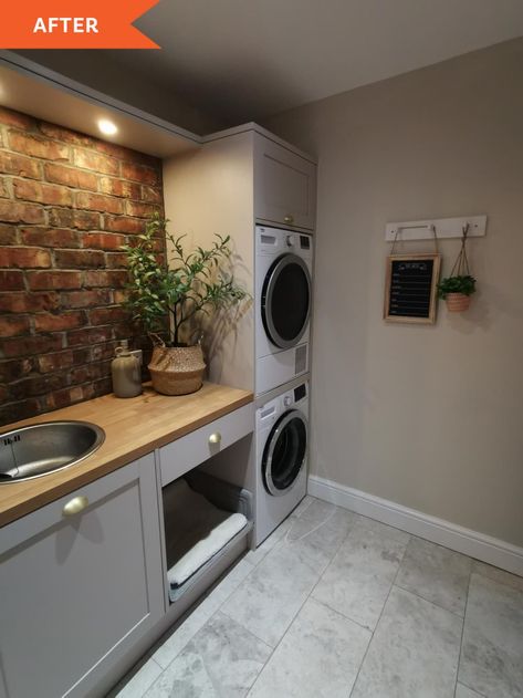 After: laundry room with exposed brick, stacked washer and dryer, and wooden counter space Utility Room Inspiration, Boot Room Utility, Utility Room Storage, Small Utility Room, Utility Room Designs, Brick Slips, Dream Laundry Room, Laundry Room Closet, Laundry Room Layouts