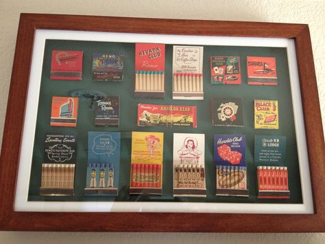 Vintage 1950's Las Vegas and Reno casino matchbooks repurposed as wall art Matchbook Art Display, Matchbook Display, Matchbox Display, Match Display, Match Books, Vegas Hotels, Vintage Matchbooks, Match Book, Collection Displays