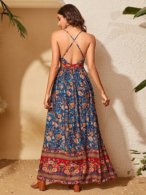 Backless Kurti, Floral Beach Dress, Vestido Shein, Simple Long Dress, Maxi Vestidos, Simple Kurti, Clothing Store Design, Cute Casual Dresses, Boho Summer Outfits