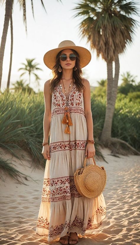 Boho Swimwear Bohemian Style, Boho Beach Style Summer Outfits, Bohemian Casual Outfits, Beach Sandals Outfit, Crystal Outfits, Beach Boho Outfit, Boho Ootd, Woven Beach Bag, Summer Outfit Accessories