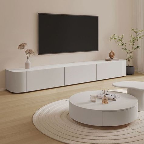 White Tv Stand Living Room Modern Wood, Aesthetic Tv Cabinet, Living Room With White Tv Stand, Modern White Tv Stand, Wood Tv Stand Decor Living Room, Tv Stand Decor Living Room Modern, White Tv Stand Decor, White Tv Units Living Room, White Tv Console Living Room