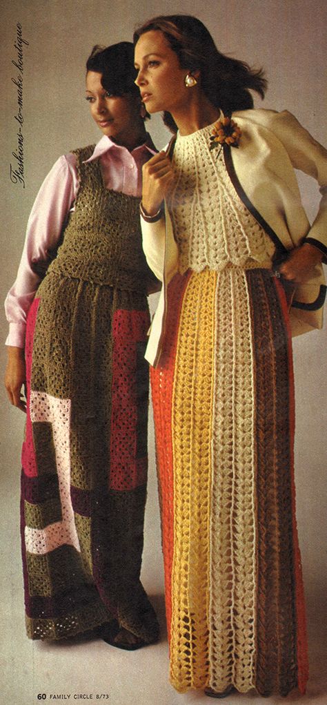 Vintage 70s Crochet Patterns, 70s Outfits Crochet, Vintage Crochet Fashion, Crochet Dress 70s, Crochet Vintage Skirt, 70s Crochet Clothes, 70s Crochet Top Pattern, 70s Knit Dress, 1970s Crochet Patterns