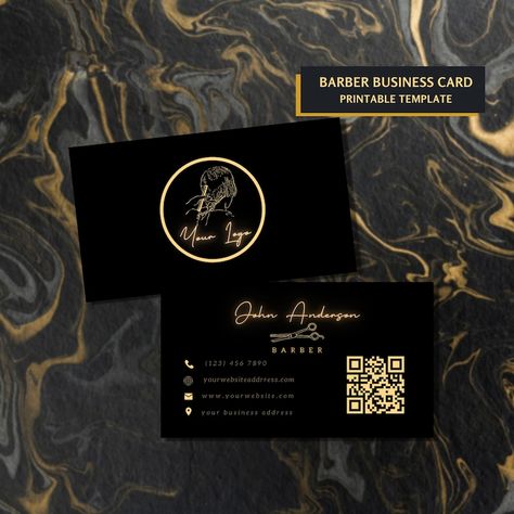 Custom Barber Business Card Design, Black Gold Barber Salon Business Card Template With QR Code, Hairstylist Editable Business Cards Canva - Etsy Luxurious Business Card Design, Beauty Salon Card Design, Black And Gold Business Card Design, Barbershop Business Cards, Barber Business Cards Ideas, Black And Gold Website Design, Black Visiting Card, Black And Gold Branding, Black And Gold Business Cards