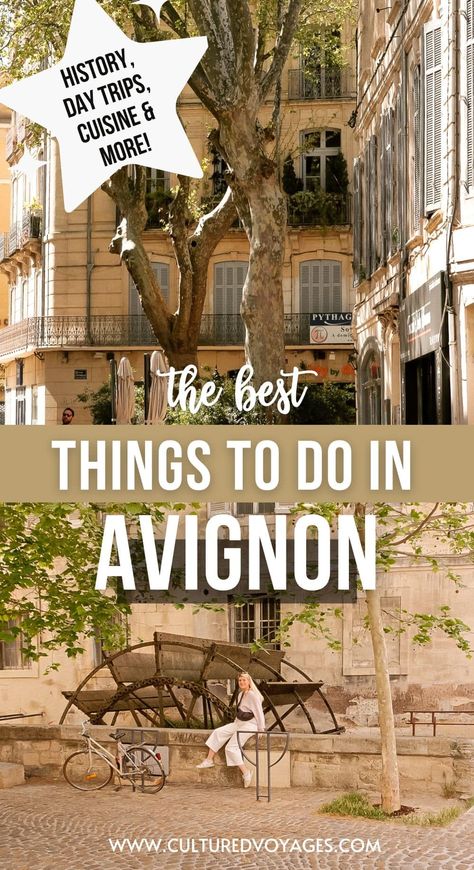 Discover the best things to do and places to visit in Avignon France with this comprehensive travel guide from Cultured Voyages. This beautiful city in France is well worth including on your Provence itinerary. Learn about Avignon’s restaurants, historic sights, art galleries and more (including some secret spots in Avignon to discover). Pull off the perfect Avignon itinerary with this guide. Avignon France Things To Do, Provence Itinerary, France Roadtrip, Provence Travel, Provence France Travel, Travel In France, Avignon France, France Itinerary, France City