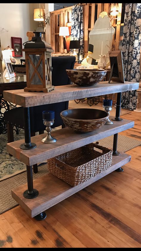 Console Table Black And Wood, Rough Wood Furniture, Rough Lumber Projects, Black Pipe Ideas, Rough Cut Lumber Projects, Pipe Table Diy, Black Pipe Furniture, Industrial Pipe Table, Industrial Sofa Table