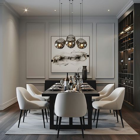 Modern dining room featuring black and white furniture, a sleek black table paired with white chairs, and a sophisticated wine cabinet on the right wall. The room is highlighted by a striking, large abstract painting framed in marble and elegant pendant lights casting a warm glow over the table. The space is designed with grey wall panels and a dark wood floor, encapsulating a minimalist yet luxurious aesthetic. Gray White Dining Room, Light Grey Walls Dining Room, Dining Room Decor Dark Floors, Dining Room Wall Idea, Dark Wood Floors Dining Room, Dining Room With Dark Wood Floors, Dark Table Light Chairs, Dark Wood Floor Dining Room, Modern Dining Room Black