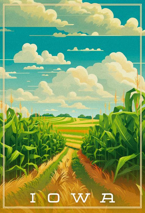 This art represents the largest producer of corn in the USA: the state of Iowa. Corn Field Illustration, Iowa Aesthetic, Miroslav Sasek, Iowa Landscape, Country Illustration, Midwest Art, Wanderlust Decor, Field Art, Corn Field