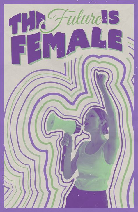 Purple and green feminism poster - the future is female Green Purple Moodboard, Feminism Poster Art, Purple And Green Poster, Women's Rights Poster, Feminism Graphic Design, Sexism Poster, Women’s March Signs, Feminist Branding, Creative Posters On Women Empowerment