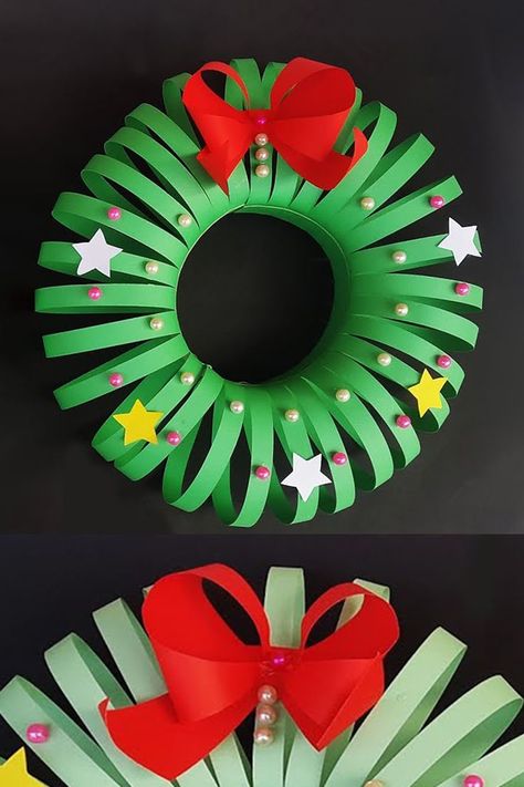 Kids Craft Christmas Wreath, Easy Paper Wreath, Diy Paper Wreath Easy, Winter Decor Classroom, Diy Wreath For Kids, Christmas Wreath Paper Craft, Christmas Wreaths Craft, How To Make A Paper Wreath, Construction Paper Wreath