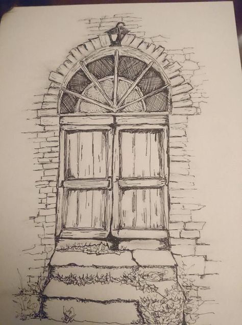 Sketch of a door, January 2019 Creepy Door Drawing, Easy Building Sketches, Drawing Buildings Sketch Easy, Door Drawing Sketch, Old Door Drawing, Drawing On Doors Ideas, Door Artwork, Window Sketch, Door Drawing