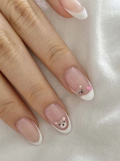 Teddy Bear French Tip Nails, Bear French Tip Nails, Korean Almond Nails Designs, White Natural Nails With Designs, French Tip Nail Aesthetic, Saranghoes Nails, Softie Nails, Pink Bear Nails, Bear Nails Acrylic