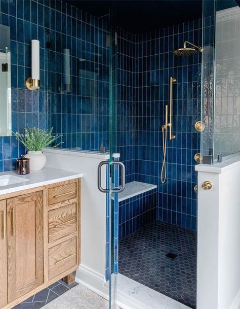 Bathroom Remodel Blue Tile, Indigo Blue Bathroom, Blue Subway Tile Bathroom, Blue Tiles Bathroom, Modern Blue Bathroom, Kid Bathrooms, Blue Tile Bathroom, Blue Shower Tile, Dark Blue Tile