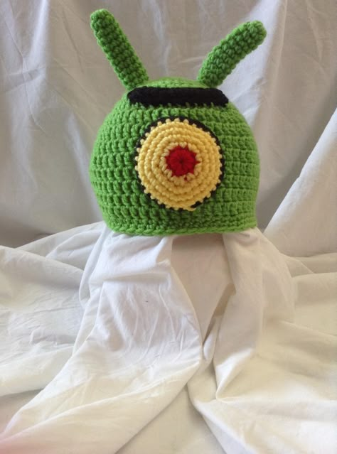 Crochet Spongebob Hat, Character Beanies Crochet, Spongebob Crochet Hat, Character Crochet Hats, Crochet Plankton, Crochet Beanie Ideas, Plankton Spongebob, Work Cardigan, Diy Crochet Hat