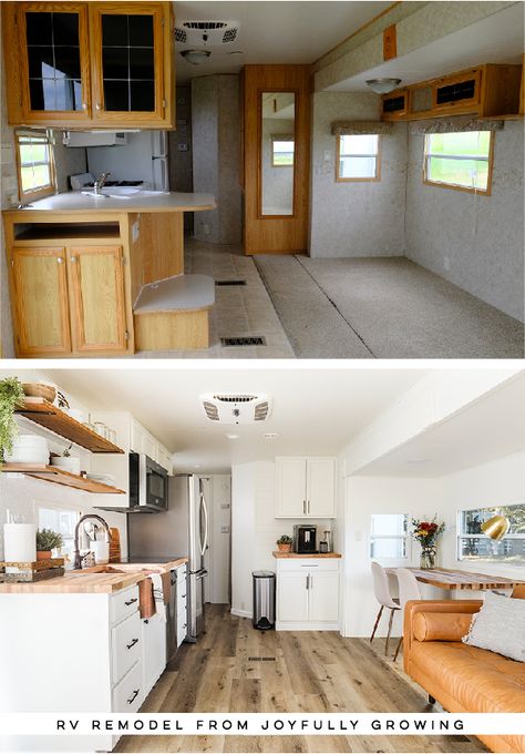 This RV remodel from JoyfullyGrowing will leave you speechless! See the before and after on MountainModernLife.com #rvremodel #camperremodel #rvrenovation #beforeafter #campertour #designvibes #camperenovation #camper #campermakeover #tinyhome #tinyliving Rv Interior Remodel, Camper Trailer Remodel, Diy Camper Remodel, Rv Homes, Rv Makeover, Trailer Living, Travel Trailer Remodel, Rv Renovations, Camper Makeover