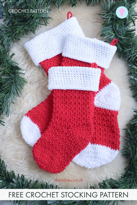 3 crochet stockings made from red and white yarn are stacked on top of one another at angles, with the smallest crochet stocking on top. They are surrounded by christmas decor laid on a wool rug. Chunky Christmas Stocking, Crochet Stocking Pattern Free, Crochet Stocking Pattern, Christmas Stocking Pattern Free, Stocking Pattern Free, Crochet Christmas Stocking Pattern, Christmas Crochet Patterns Free, Crochet Stocking, Crochet Christmas Stocking