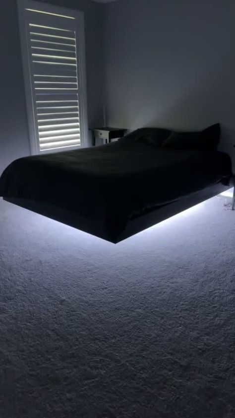 Floating Bed Black, The Bed Frame, Floating Bed Aesthetic, Room Beds & Bed Frames, Full Floating Bed, Bedroom Beds & Frames, Walk In Shower Modern, Floating Bed Ideas, Floating Bed Frame Diy