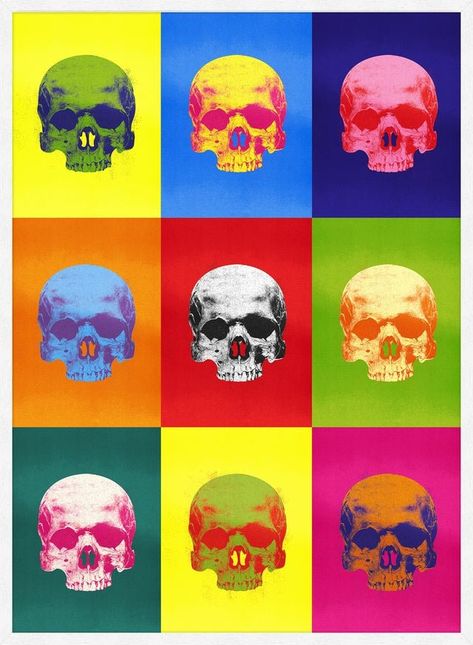 Striking graphic print on thick, 250gsm art paper. Our super-popular, iconic Gold Skull Print just got an Andy Warhol poster pop-art style makeover! Taking influence from the recognisable colours of Warhol's famous screenprint poster work, this print is best in the larger sizes and will be sure to turn heads in your home. Ink Drop, Skull Art Print, Screen Print Poster, Urban Street Art, Bold Art, Jean Michel Basquiat, Art Pop, Neon Color, Skull Print