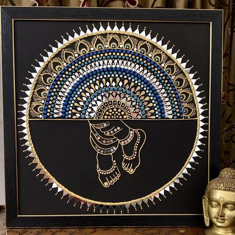 Krishna Feet Lippan Art, Mandala Art For Home Decor, Krishna Dot Mandala Art, Art Forms Ideas, Mirror Mandala Wall Art, Krishna Mirror Art, Mirror Mandala Art On Canvas, New Mandala Art Design, Mandala Art Mirror