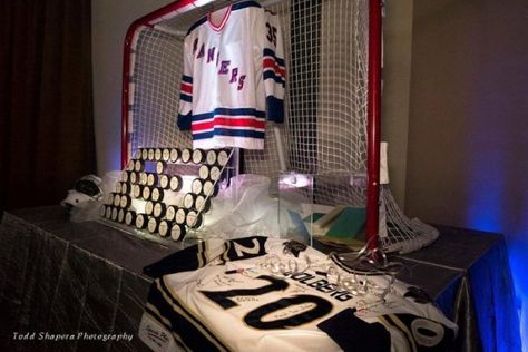 An Ice Hockey Themed Bar Mitzvah Hockey Centerpieces, Hockey Wedding Theme, Bar Mitzvah Decorations, Hockey Wedding, Hockey Nets, Hockey Bedroom, Hockey Decor, Mitzvah Decor, Hockey Party