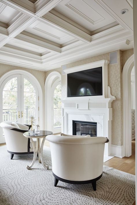 Coffered Vaulted Ceiling Ideas, Coffered Ceiling Ideas Bedroom, Coffered Ceilings Ideas, Cornicing Ceiling, Coffered Ceiling Living Room, Coffered Ceiling Ideas Living Room, Coffered Ceiling Bedroom, Seating Area In Bedroom, Bedroom With Seating Area