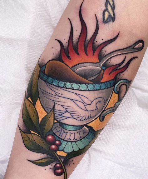 Neo Traditional Coffee Tattoo, Neotraditional Coffee Tattoo, Illusion Tattoo, Coffee Cup Tattoo, Happy National Coffee Day, Optical Illusion Tattoos, Illusion Tattoos, Cup Tattoo, Optical Illusion Tattoo