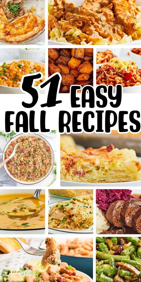 Collage of Easy Fall Recipes. Fall Themed Meals, Southern Fall Recipes, Fall Family Meal, Fall Party Food Ideas, Fall Meal Ideas, Easy Fall Dinner Recipes, Autumn Meals, Fall Food Ideas, Easy Fall Dinner