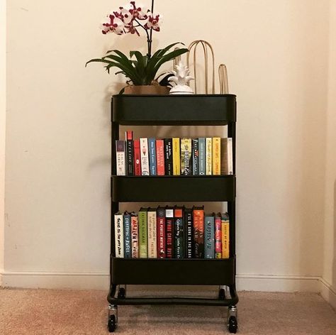 Black Book Cart, Ikea Book Cart, Book Trolley Aesthetic, Aesthetic Book Cart, Rolling Cart Aesthetic, Book Carts Aesthetic, Small Bookshelf Ideas, Book Trolley, Tbr Cart