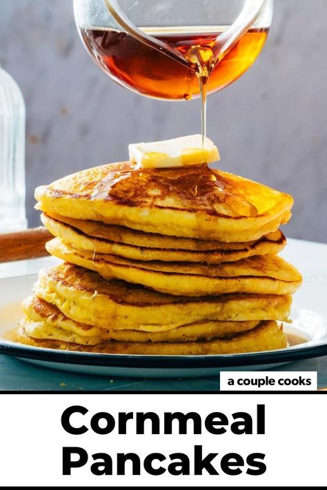 These cornmeal pancakes are ultra fluffy and golden! Fry up a stack and drizzle with maple syrup for a satisfying breakfast. Pop over to our site for the recipe! Cornmeal Recipes, Cornmeal Pancakes, A Couple Cooks, Vegan Recipes Plant Based, Pancake Recipe Easy, Buttermilk Recipes, Couple Cooking, Best Gluten Free Recipes, Pancakes Easy