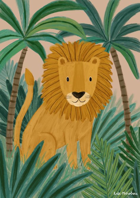 An illustration of a lion sitting amongst palm trees, by Kate McFarlane. Rhino Illustration, Squirrel Illustration, Jellyfish Illustration, Window Illustration, Lion Illustration, Jungle Illustration, Tiger Illustration, Rabbit Illustration, Japon Illustration