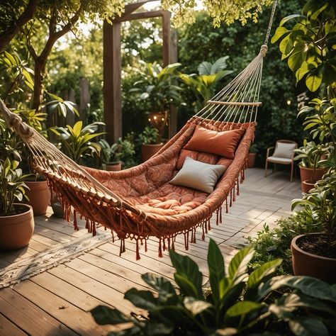 Discover the secret to effortless relaxation with this interior design tip: Transform your backyard into a relaxing retreat by adding a hammock! ❂ ❂ ❂ ➸ Opt for a neutral-colored hammock to seamlessly blend with your decor, or add a pop of color for a playful twist. ➸ Choose a sturdy spot between two trees or use a hammock stand for easy setup. ❂ ❂ ❂ ✨Follow me for daily doses of design inspiration & tips✨ . . . . . Inspiration generated using AI technology. . #modernboho #modernbohooasis... Hammock Outside, Hammock On Deck, Forest Hammock, Hammock Ideas Backyard, Neutral Backyard, Backyard Hammock Ideas, Porch Hammock, Hammock Aesthetic, Hammock Patio