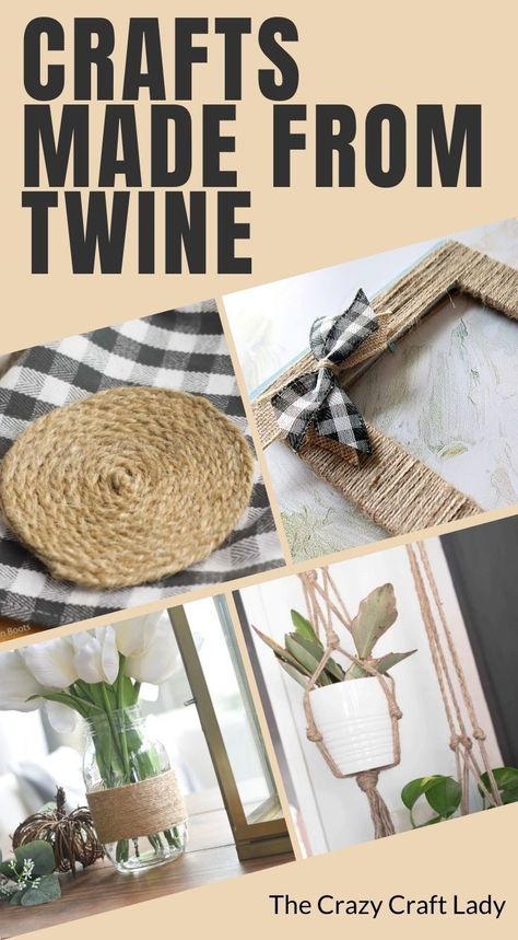 Jute Rope Crafts Wine Bottles, Crafts With Twine Diy Projects, Bakers Twine Crafts, Crochet With Jute Twine, Jute Twine Crafts Diy Projects, Twine Bows Diy, Jute Cord Crafts Diy Projects, Baling Twine Crafts, Rope Crafts Diy Ideas