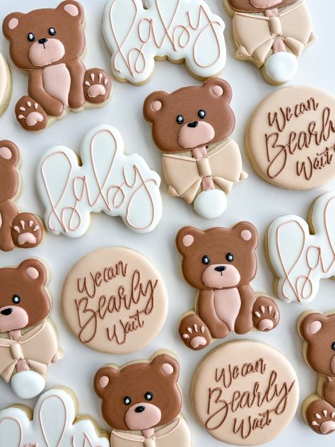 Bear baby shower sugar cookies are perfect for your baby shower. This cookie set includes Teddy bear cookies, bear rattle cookies, baby plaque cookies, and "We can bearly wait" cookies. Gender neutral colors for your baby boy's shower also work well for a baby girl's shower by adding head bow details.  This listing is for 1 dozen (12) sugar cookies. All our cookies are made to order, your cookies will be made in small batches from scratch, and they will arrive in individual cello bags heat-seale Teddy Bear Theme Cookies, Baby Bear Theme Baby Shower Ideas, We Can Bearly Wait Baby Shower Table, We Can Barely Wait Cookies, Barely Wait Baby Shower Theme Boy, We Can Bearly Wait Girl Theme, We Can Bearly Wait Baby Shower Cookies, Bear Cookies Baby Shower Teddy, Baby Shower Boy Bear Theme